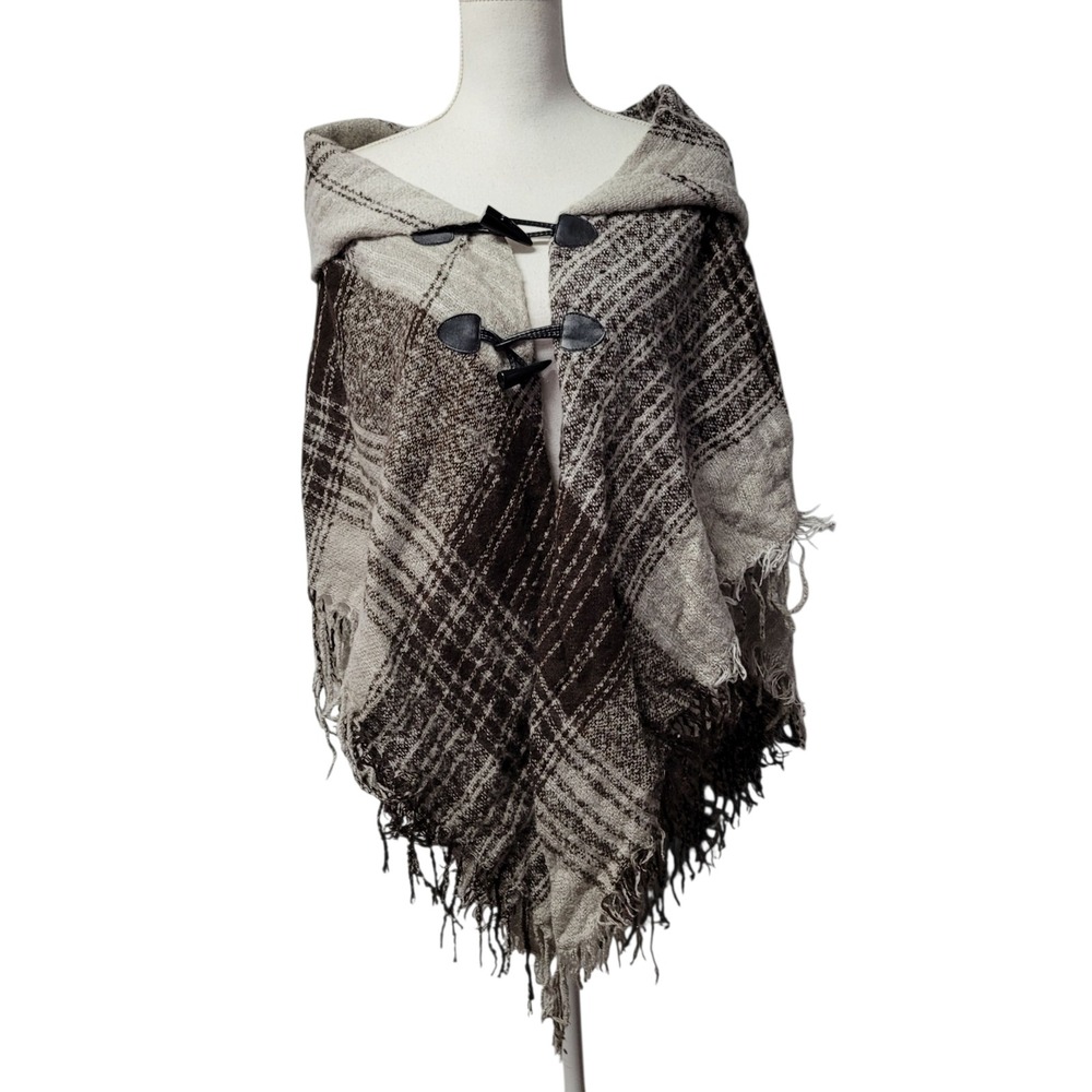 APT 9 Plaid Hooded Poncho Cape Brown Tan Fringed Toggle Closure